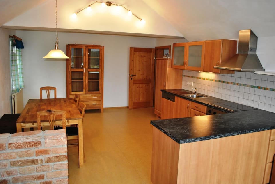 Kitchen or kitchenette, Living room, Seating area, Dining area