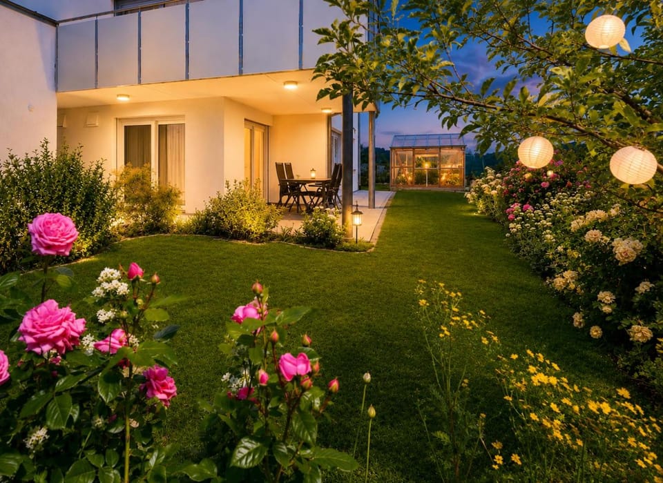 Property building, Garden, Garden view, Sunset