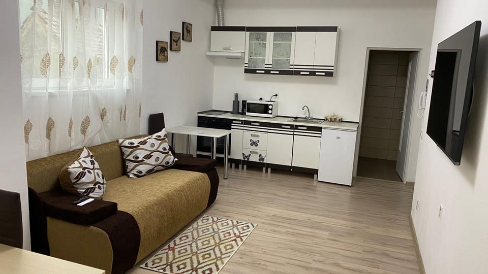 Kitchen or kitchenette, Living room, Seating area, Dining area