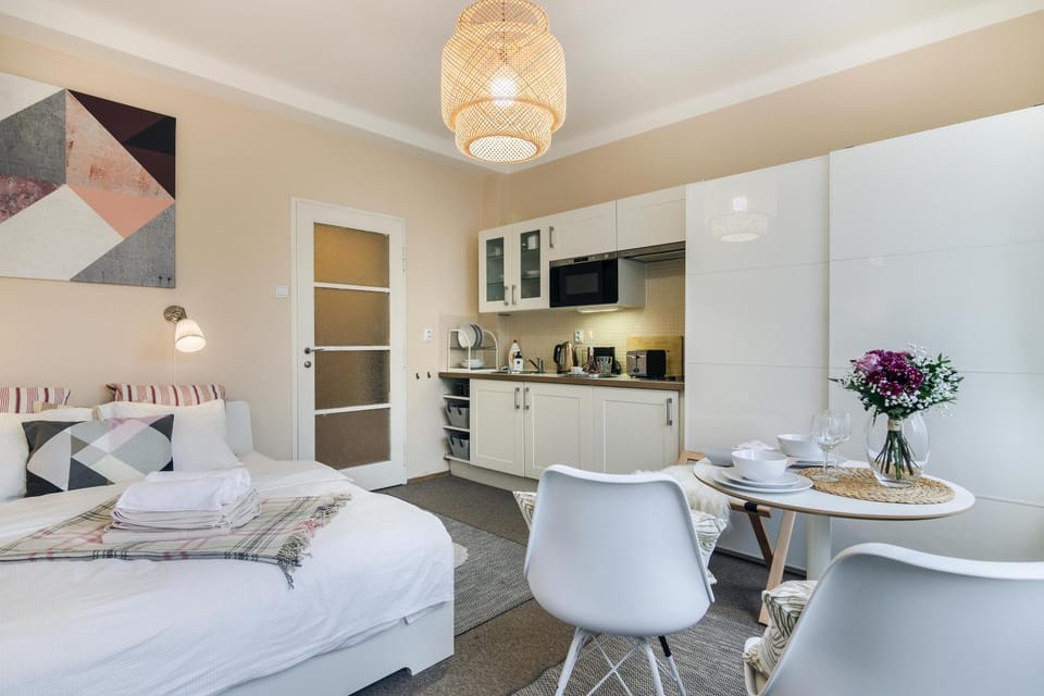 Kitchen or kitchenette, Living room, Seating area, Dining area, Bedroom