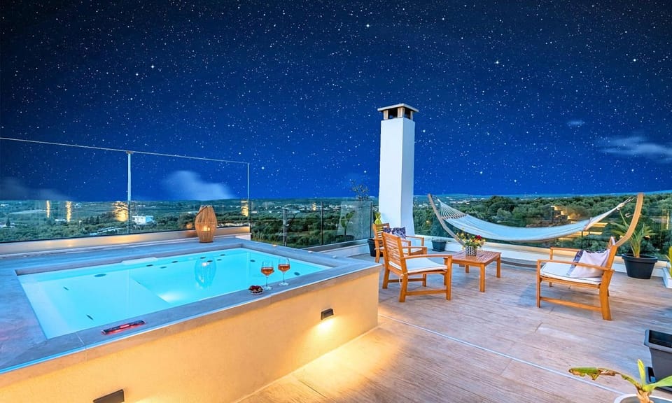 Patio, Night, Natural landscape, Pool view, Swimming pool, sunbed