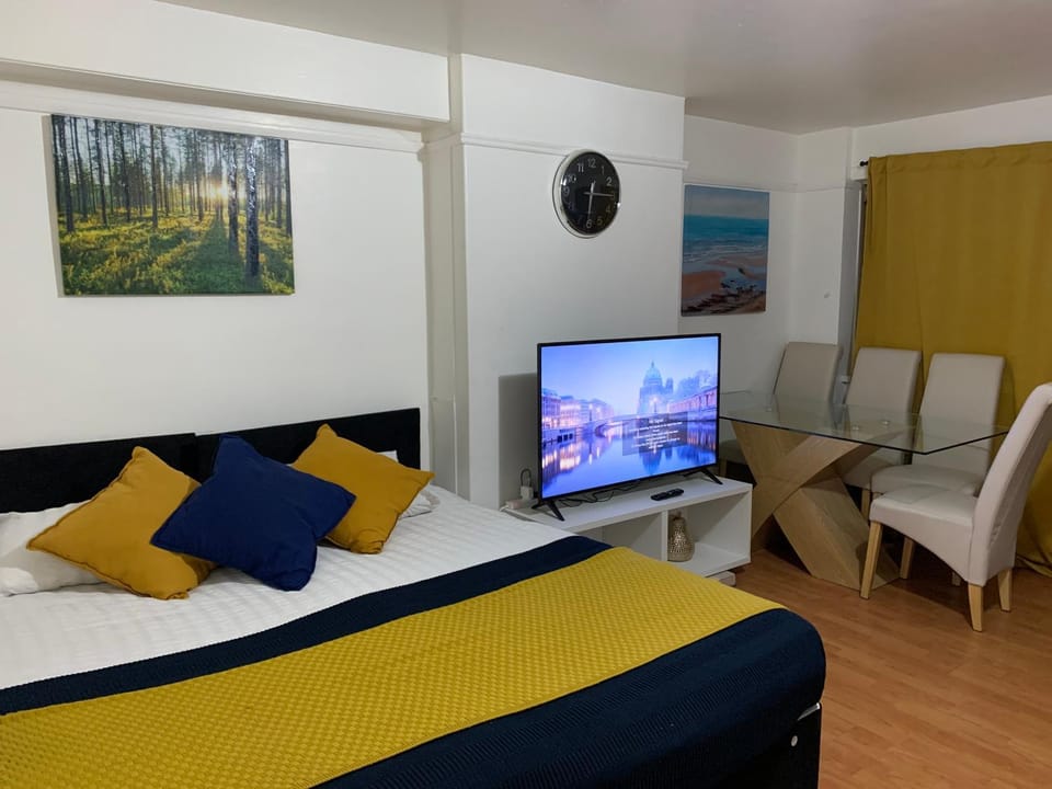 Bed, TV and multimedia, Living room, Seating area, Bedroom, hair dresser