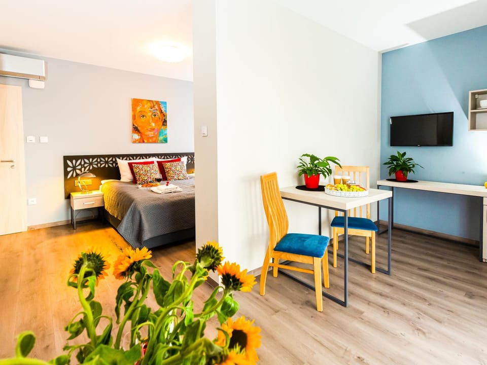Bed, TV and multimedia, Living room, Photo of the whole room, Seating area, Dining area, Bedroom, air conditioner
