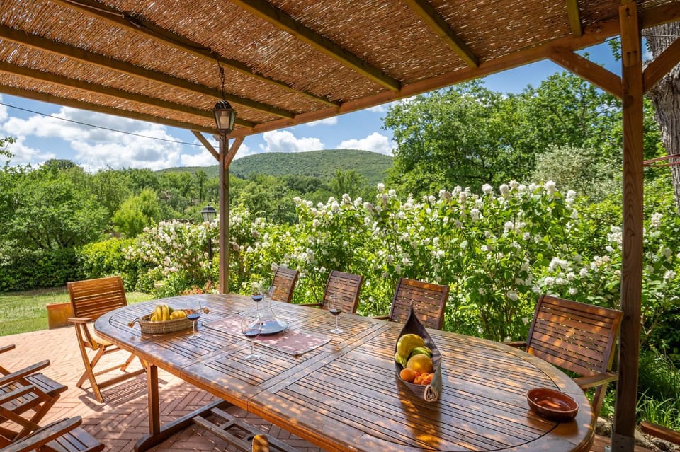 Patio, Spring, Natural landscape, Dining area, Garden view, Mountain view