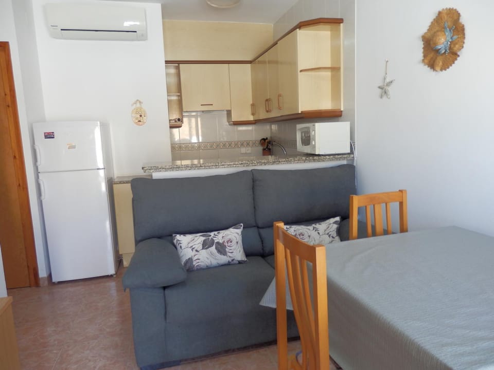 Kitchen or kitchenette, Living room, Seating area, Dining area, stove, air conditioner