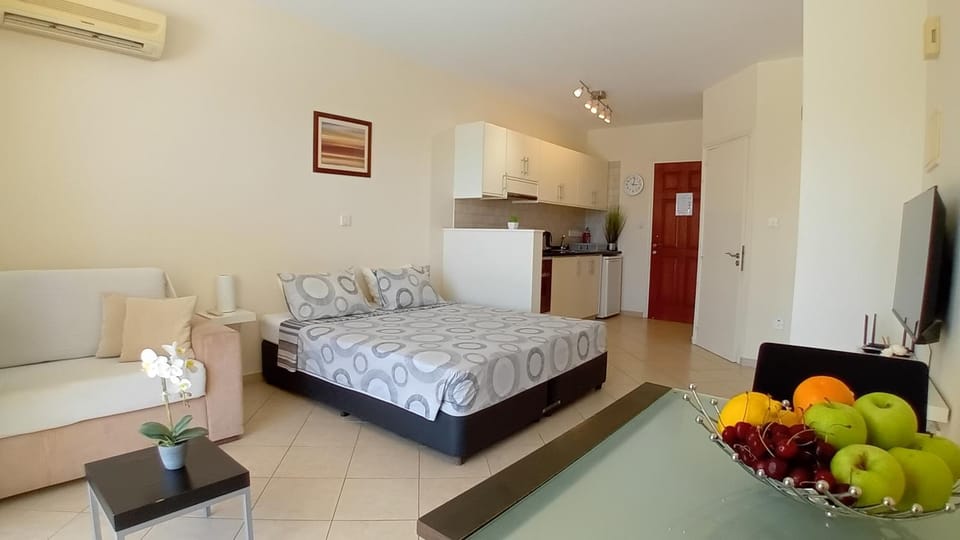 Bed, TV and multimedia, Kitchen or kitchenette, Photo of the whole room, Seating area, Dining area, oven, air conditioner