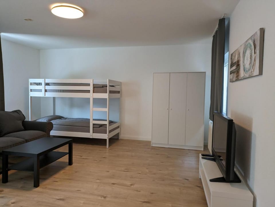 Bed, TV and multimedia, Living room, Photo of the whole room, Seating area, Bedroom, bunk bed, wardrobe