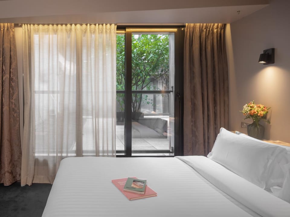 Bed, Bedroom, Inner courtyard view