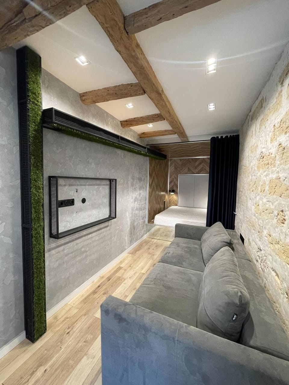 Bed, Living room, Seating area, Bedroom
