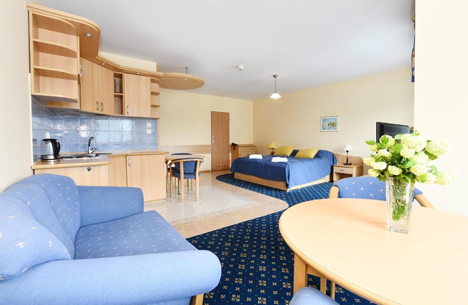 Kitchen or kitchenette, Living room, Seating area, Dining area