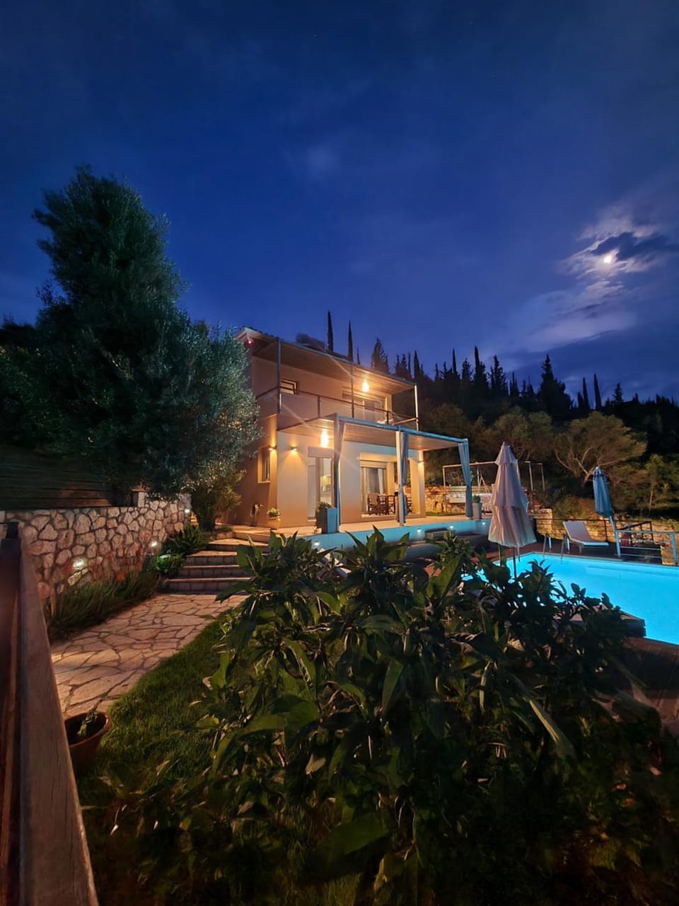 Property building, Night, Garden, Swimming pool