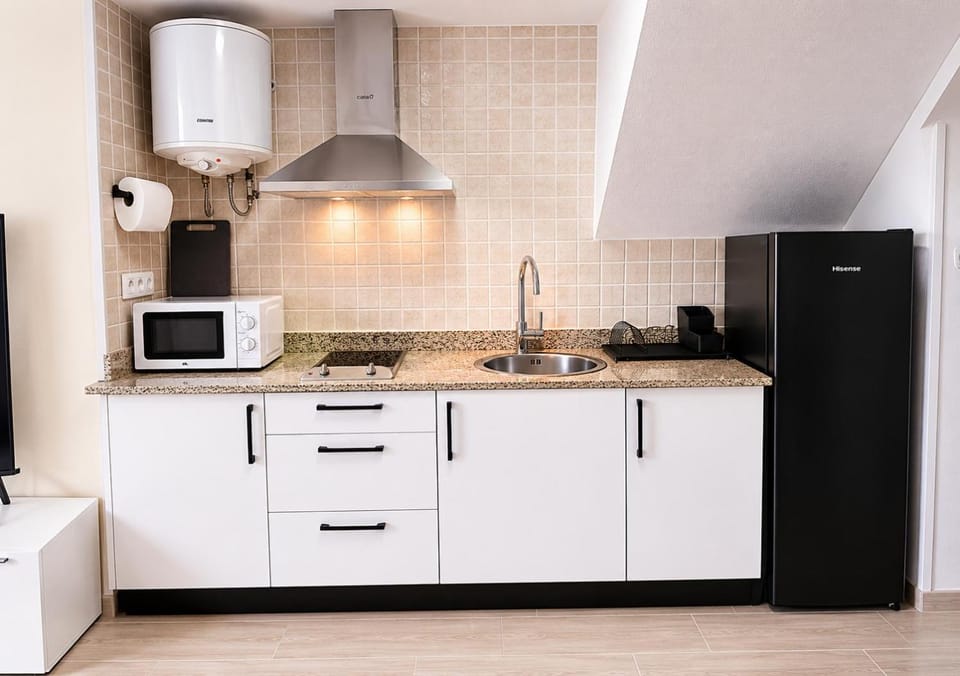 Kitchen or kitchenette, microwave, stove, toaster