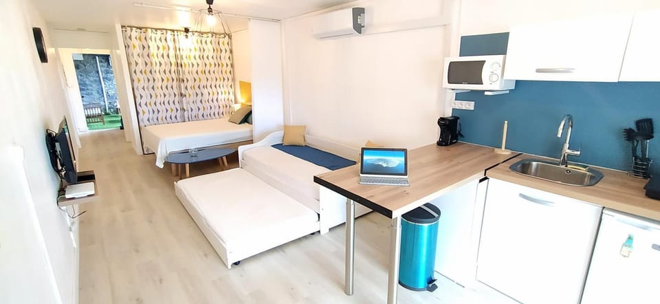 Kitchen or kitchenette, Living room, Seating area, Dining area, Bedroom