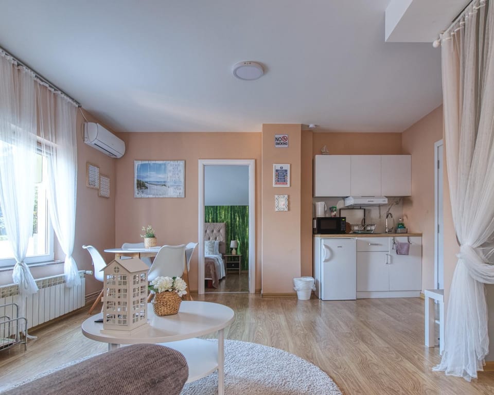 Coffee/tea facilities, Kitchen or kitchenette, Living room, Seating area, Dining area, Bedroom