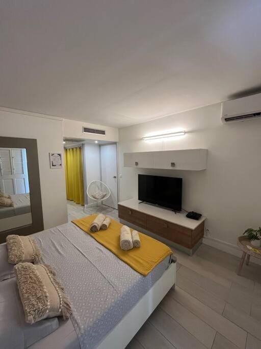 Bed, TV and multimedia, Photo of the whole room, Bedroom, towels, air conditioner