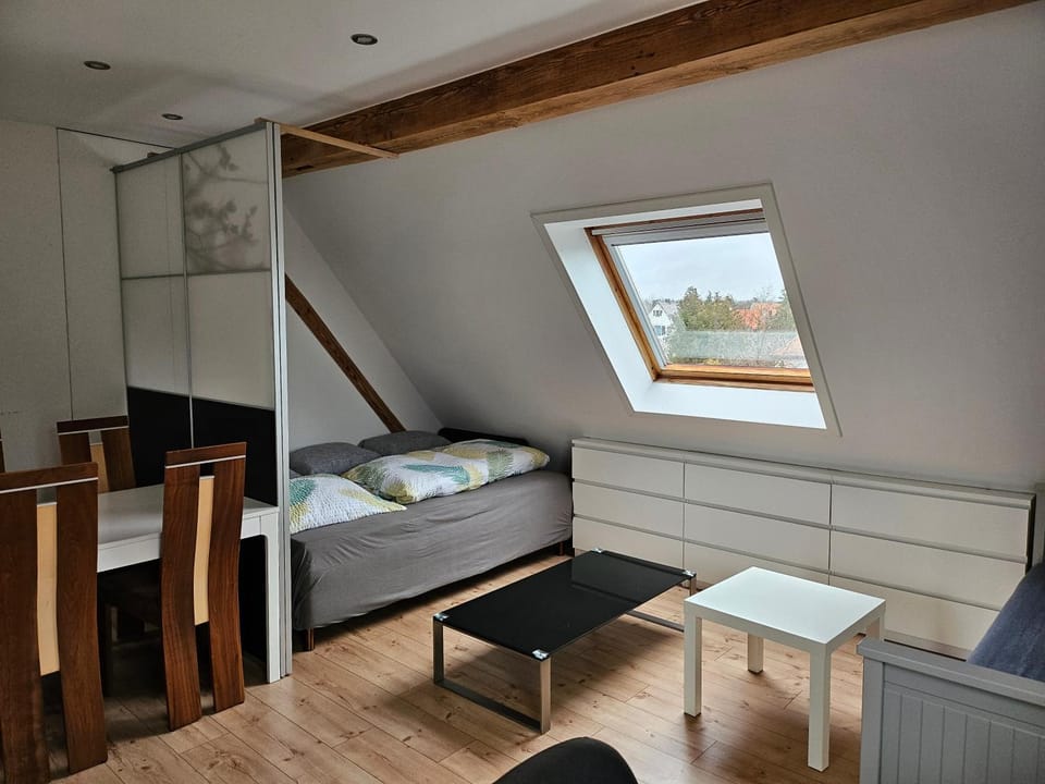 Bed, Living room, Seating area