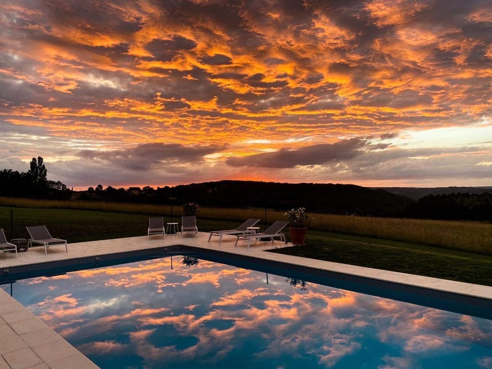 Natural landscape, Pool view, Swimming pool, Sunset, sunbed