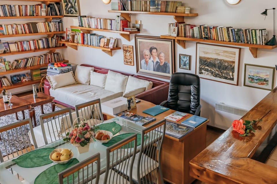 Library, Living room, Seating area, Dining area