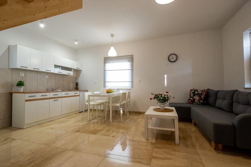 Kitchen or kitchenette, Living room, Seating area, Dining area