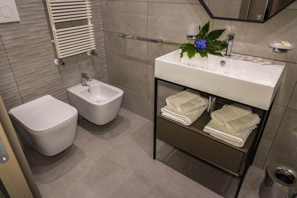Toilet, Bathroom, bidet, hair dryier, towels