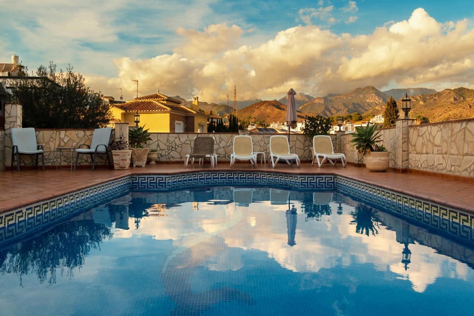 Natural landscape, Mountain view, Pool view, Swimming pool, Sunset, sunbed