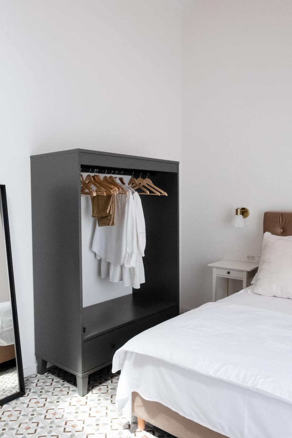 Bed, wardrobe