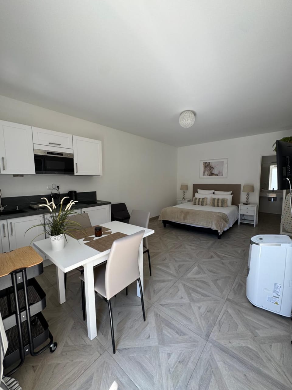 Bed, TV and multimedia, Kitchen or kitchenette, Photo of the whole room, Dining area, Bedroom, stove