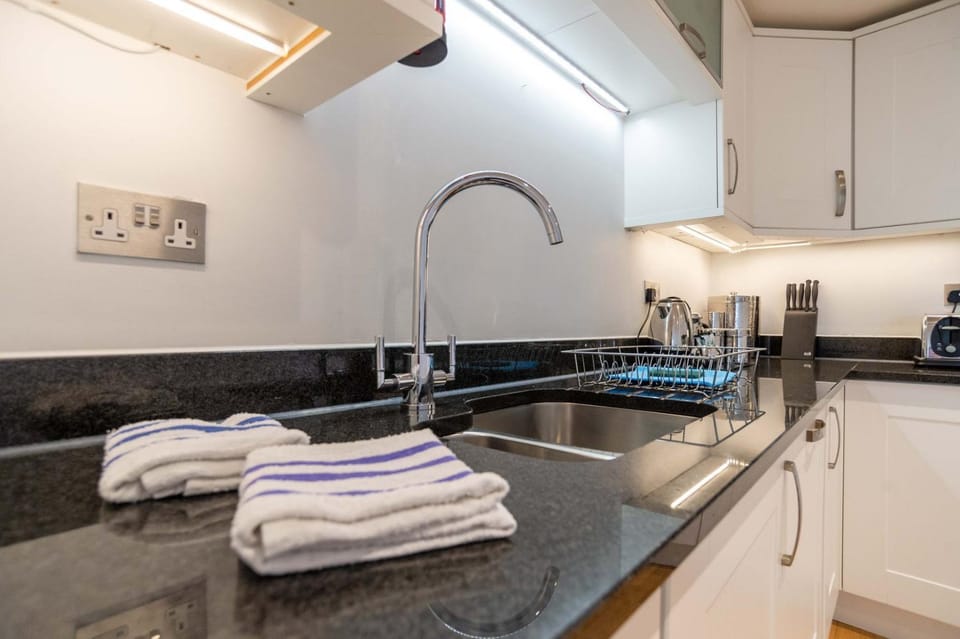 Kitchen or kitchenette, dishwasher, stove, towels