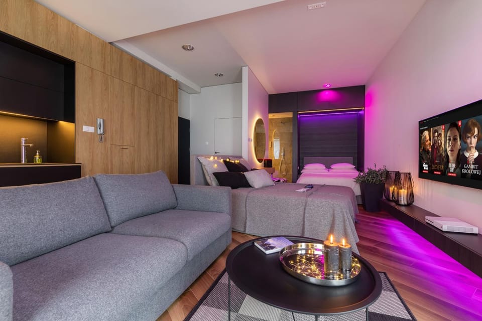 Shower, Bed, Bathroom, TV and multimedia, Kitchen or kitchenette, Living room, Photo of the whole room, Seating area, Bedroom, Breakfast