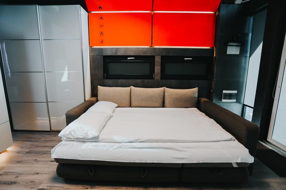 Bed, wardrobe