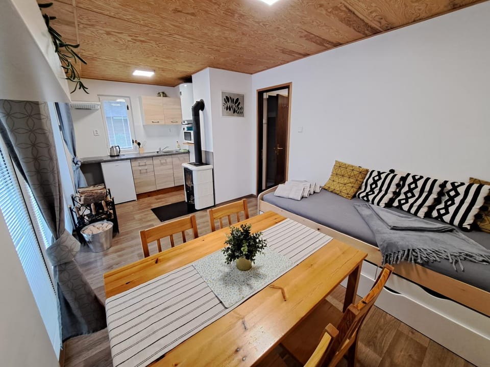 Kitchen or kitchenette, Living room, Seating area, Dining area