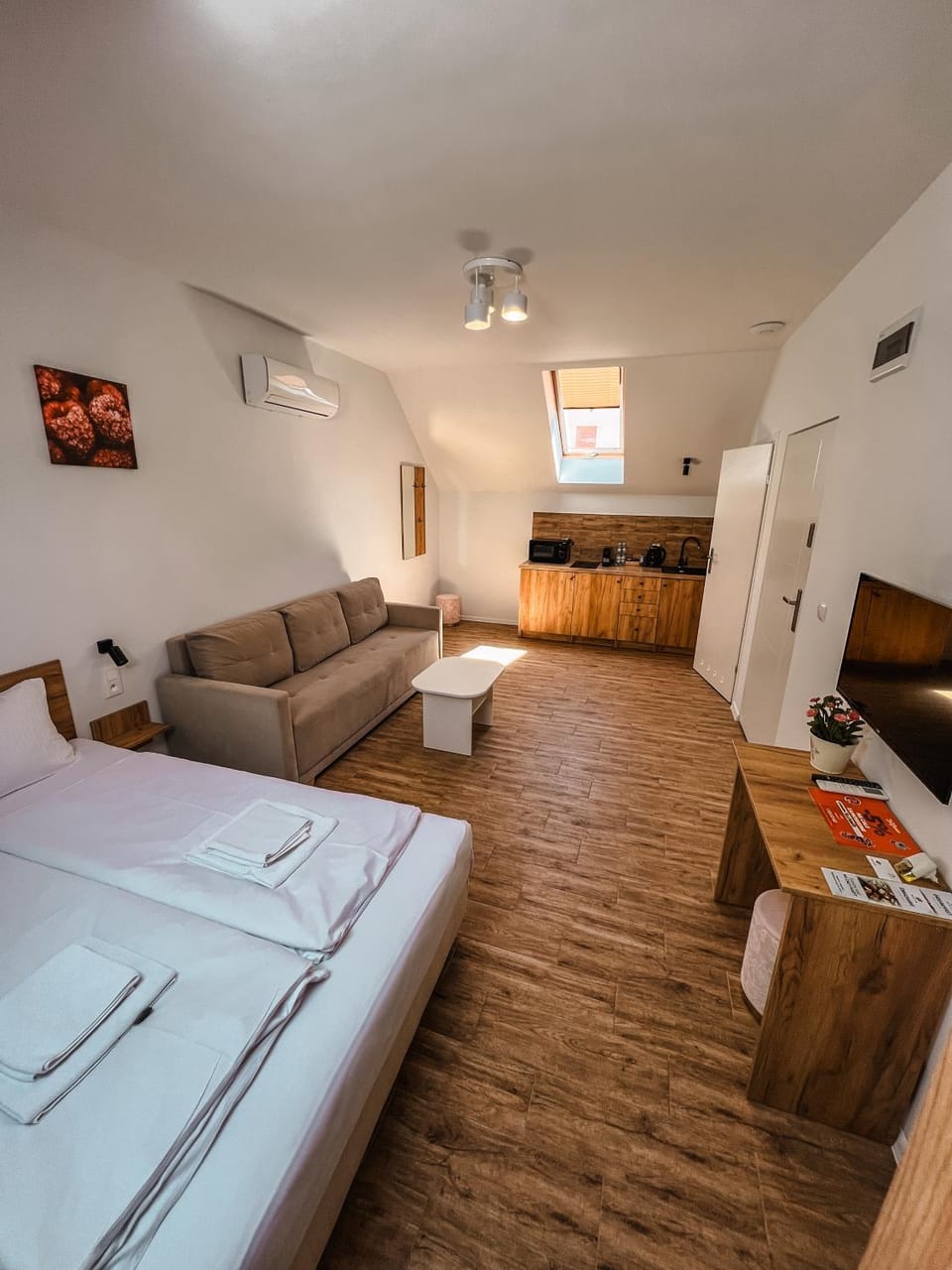 Bed, TV and multimedia, Kitchen or kitchenette, Living room, Photo of the whole room, Seating area, Bedroom, wardrobe