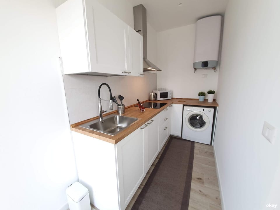 Kitchen or kitchenette, stove, washing machine
