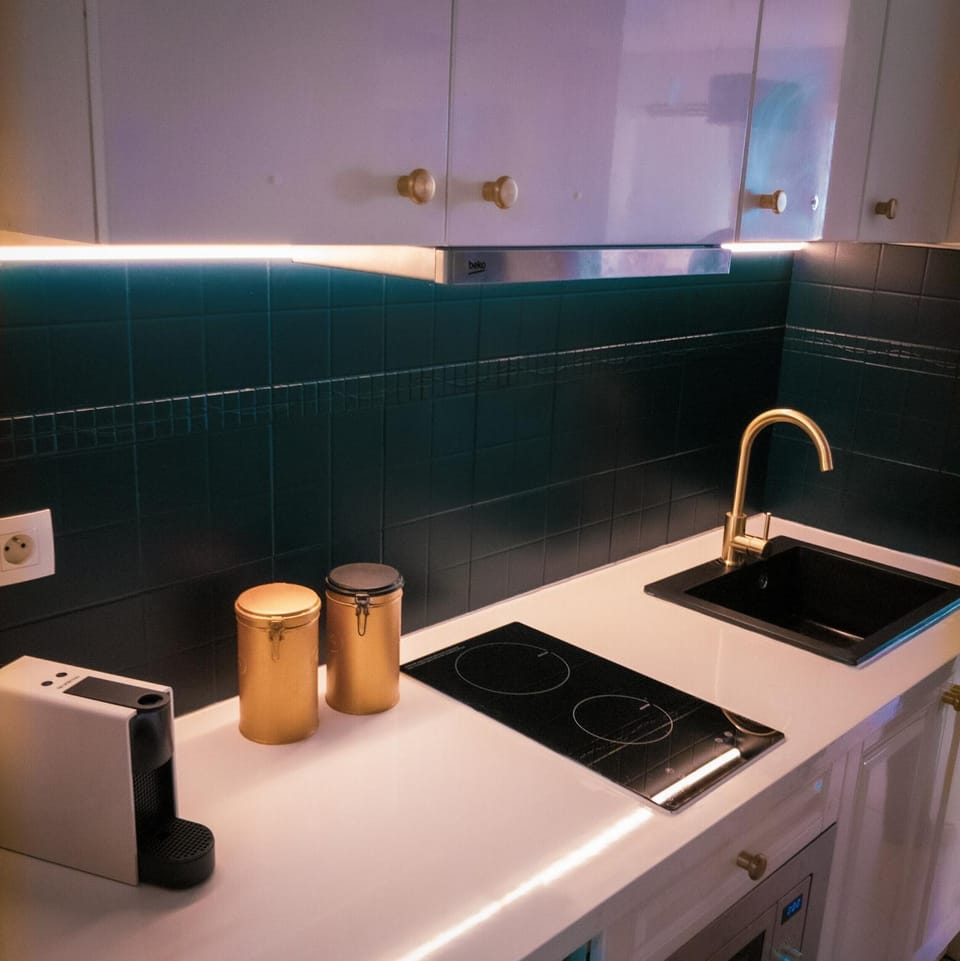 Kitchen or kitchenette, minibar, stove