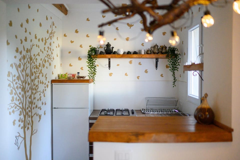 Kitchen or kitchenette, stove
