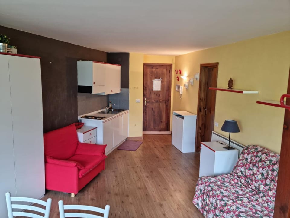 Kitchen or kitchenette, Living room, Seating area, Dining area