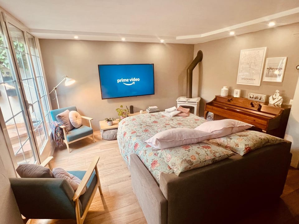 Bed, TV and multimedia, Living room, Photo of the whole room, Seating area, Bedroom