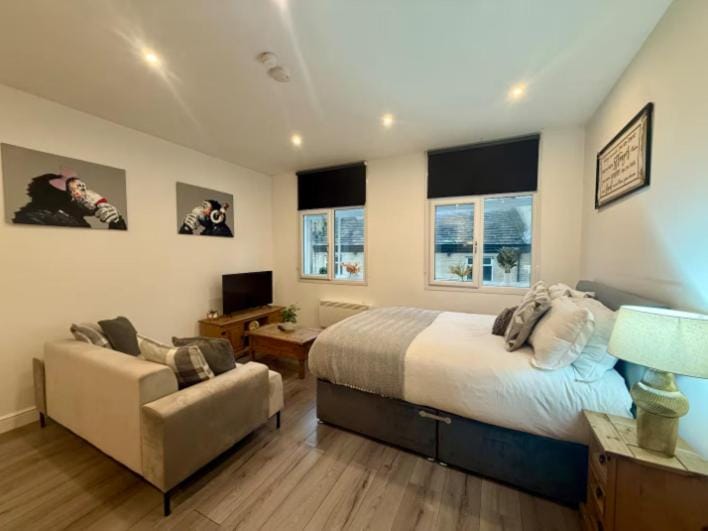 Bed, TV and multimedia, Living room, Seating area, Bedroom