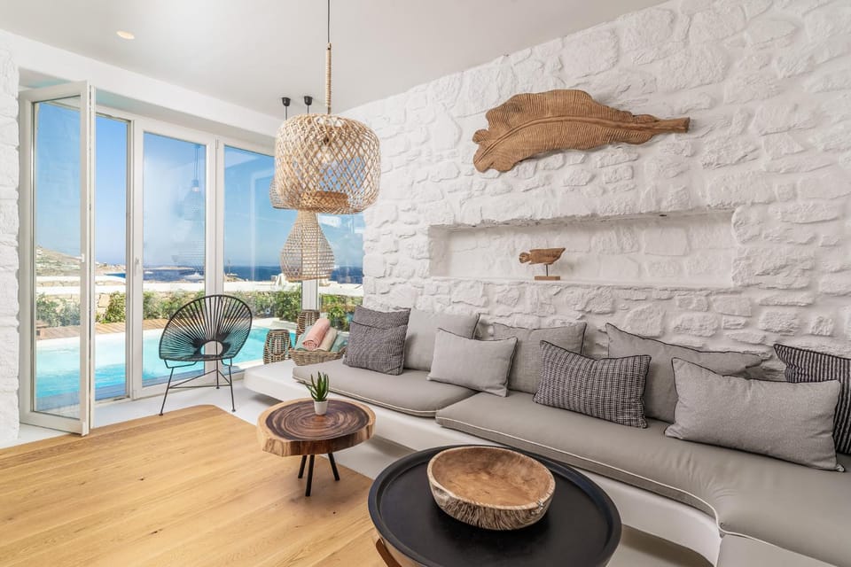 Living room, Seating area, Pool view