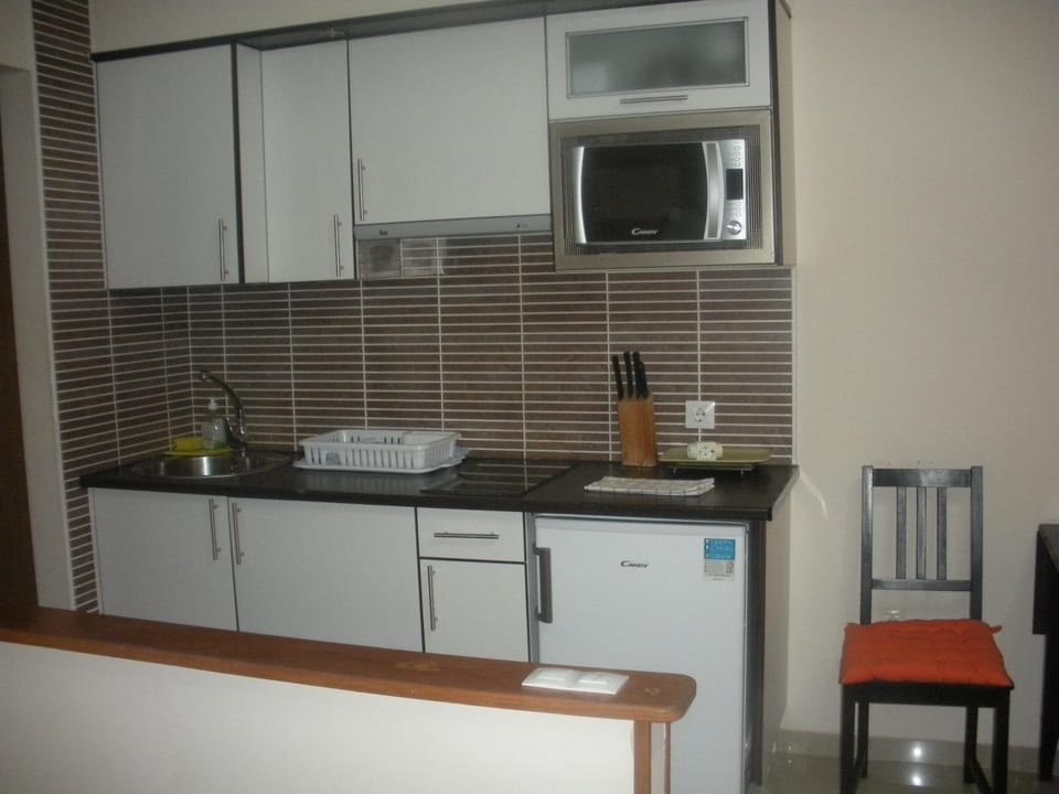 Kitchen or kitchenette, microwave, stove