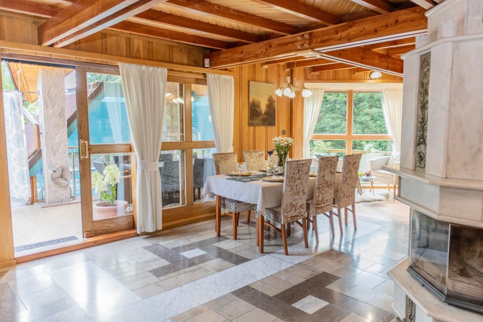 Kitchen or kitchenette, Living room, Seating area, Dining area, Garden view, Pool view, fireplace