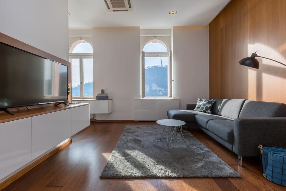 TV and multimedia, View (from property/room), Living room, Seating area, City view, Landmark view, River view, Street view