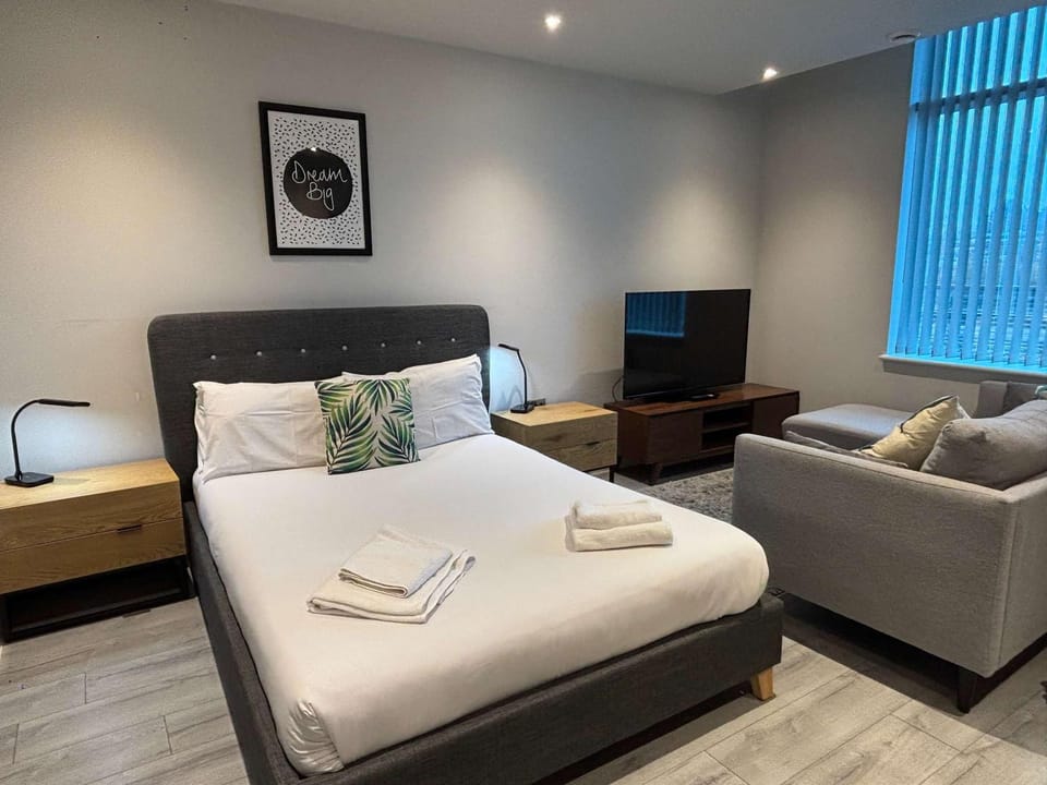 Bed, TV and multimedia, Living room, Seating area, Bedroom