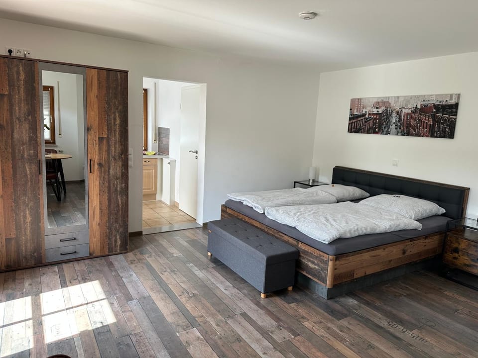 Bed, wardrobe