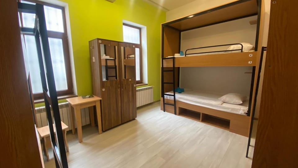 bunk bed, towels, wardrobe