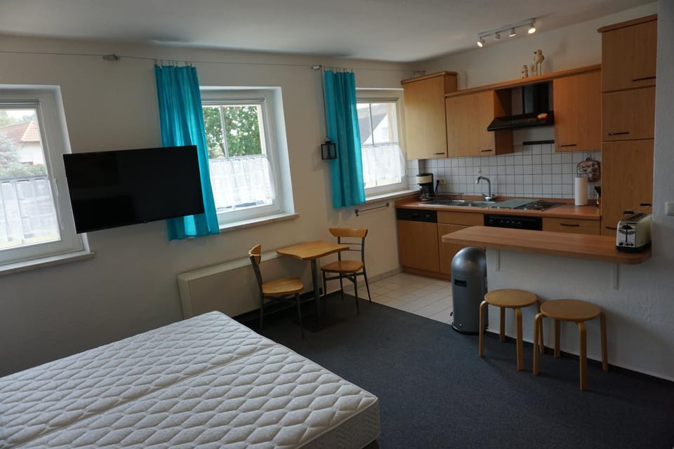 Kitchen or kitchenette, Living room, Seating area, Bedroom
