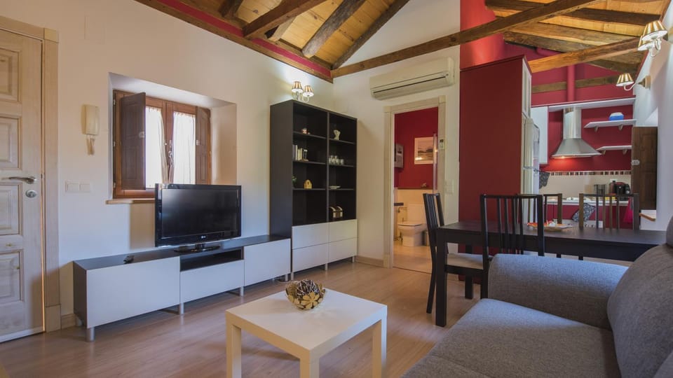 TV and multimedia, Kitchen or kitchenette, Living room, Photo of the whole room, Seating area, Dining area