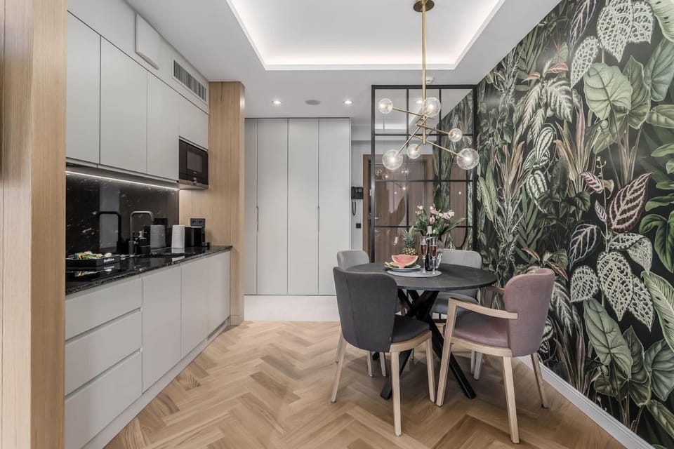 Kitchen or kitchenette, Living room, Seating area, Dining area, stove