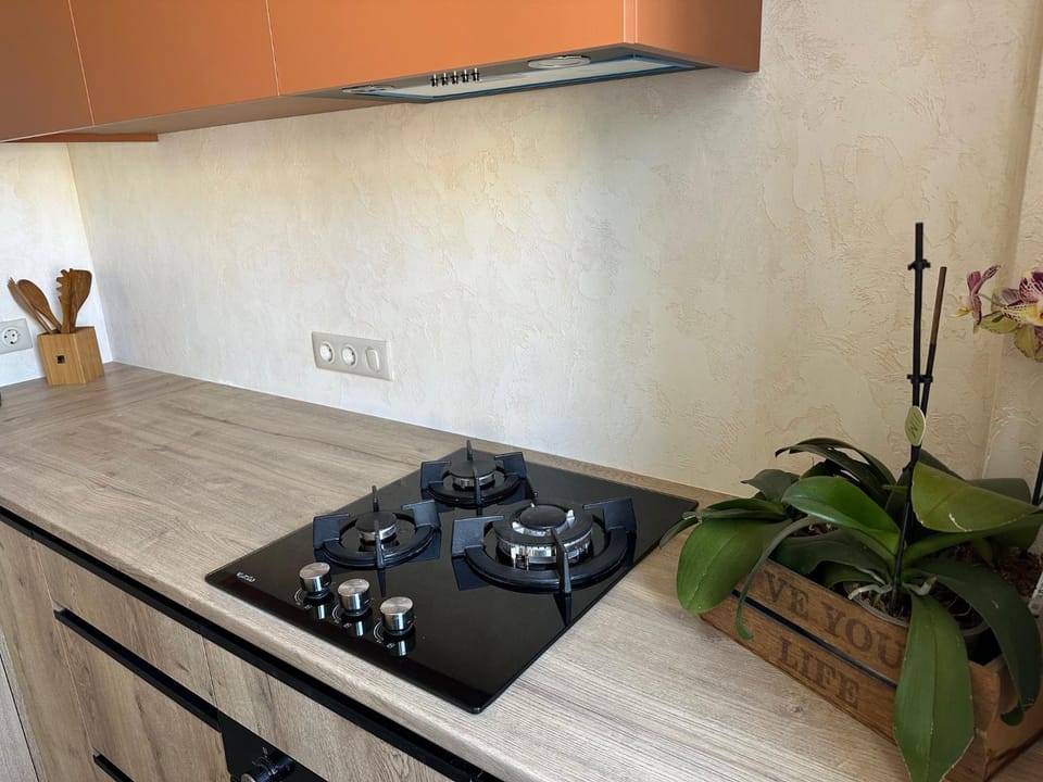 Kitchen or kitchenette, stove