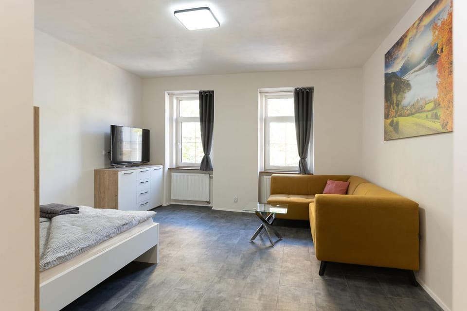 Bed, TV and multimedia, Living room, Photo of the whole room, Seating area, Bedroom, towels